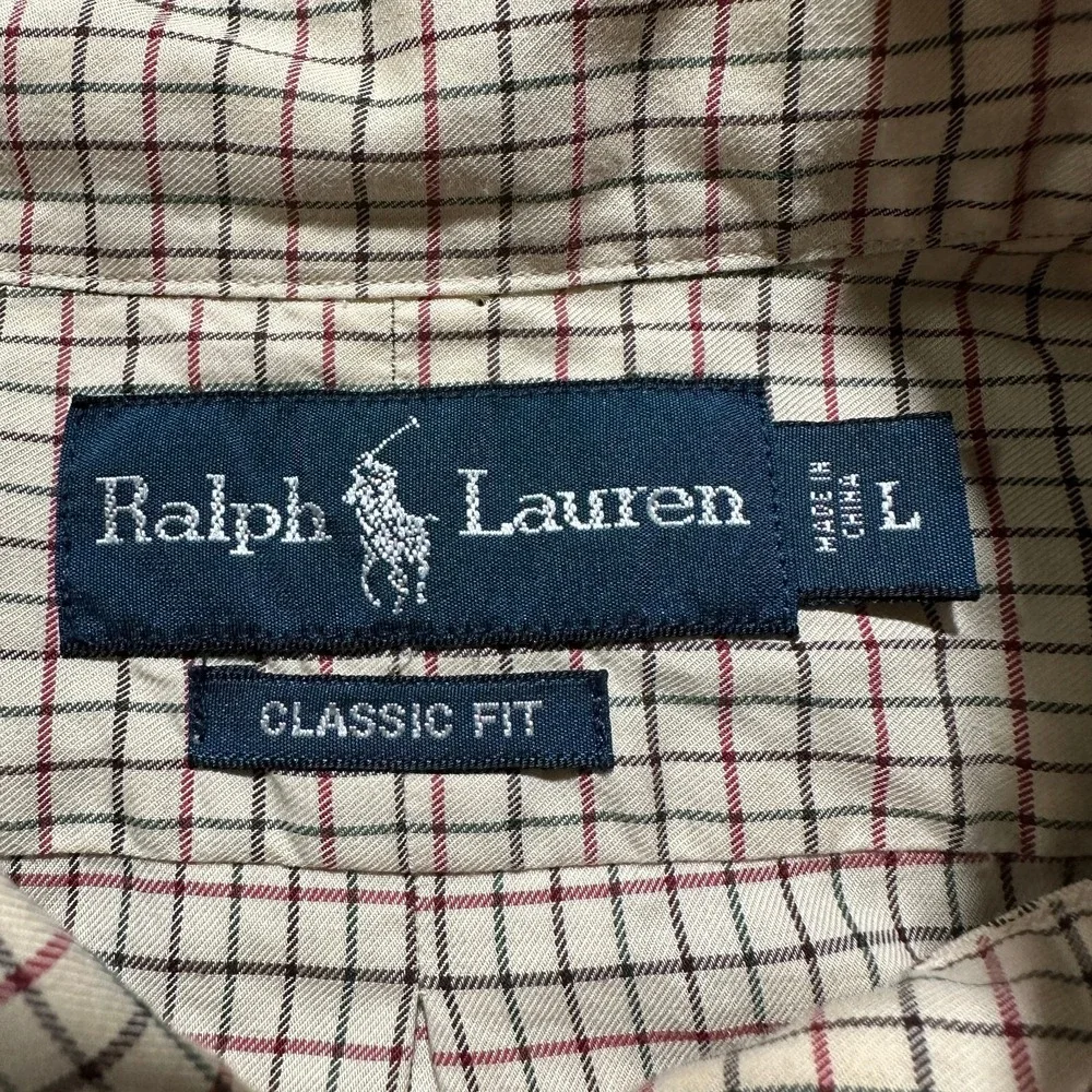 Ralph Lauren Shirt Mens Large Tan Window‎ Pane Plaid Classic Fit Preppy Dressy